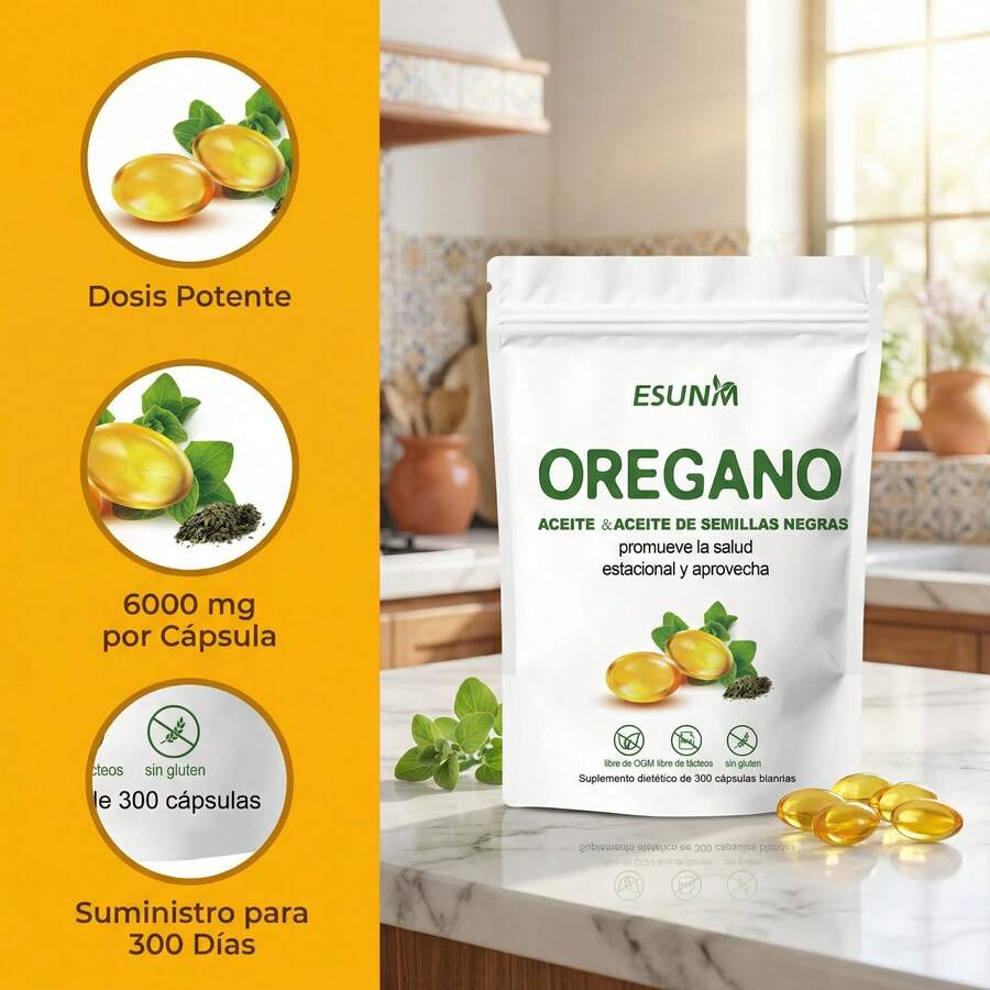 Cápsulas blandas de orégano. El aceite de orégano con aceite de semilla negra promueve la salud inmunitaria estacional y fortalece. Cápsulas de suplemento de aceite de orégano. Sin OMG ni gluten. 300 cápsulas blandas. Suplemento dietético. - 300 unidades - Ver 1