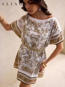 Aliao 高端露肩日落假日印花蝙蝠袖上衣，吸睛单品，新年、情人节、优雅女士、海滩装、感恩节装、毕业季、返校季、节日装扮 - 彩色 - 查看 4