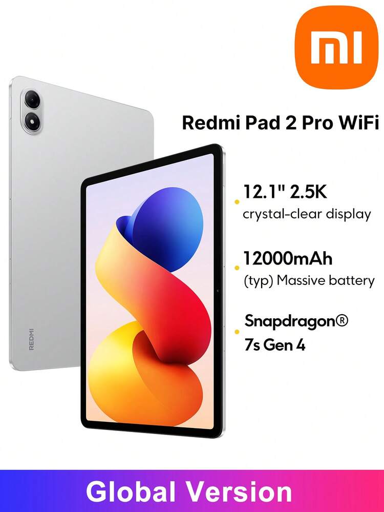 Xiaomi 兼容红米平板2 Pro平板电脑全球版，搭载骁龙7s第四代处理器，12.1英寸2.5K高清显示屏，最高支持120Hz刷新率，12000mAh（典型值）电池，支持33W快充，800万像素前置摄像头，兼容小米HyperOS 2系统。 - 銀色 - 查看 1