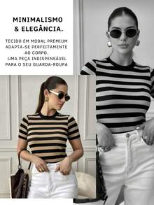 Modal Striped Short Sleeve Blouse With High Quality Elasticity - Beige - View 3