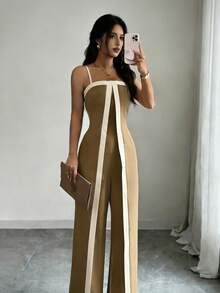 Women's Striped Jumpsuit, Elegant And High Quality, High Waist, Loose Fit, Stylish And Casual. H-14 - Màu Khaki - Xem 2