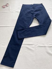 Men's Slim Fit Twill Trousers With Elastane And Side Pockets. - Navy Blue - View 3