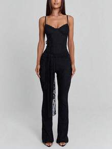 Sexy & Fashionable Versatile Hollow Lace & Ribbon Design Adjustable Strap Jumpsuit, Suitable For Spring/Summer Vacation Wear - Black - View 2