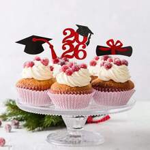 2026年蓝色闪光毕业纸杯蛋糕装饰，2026年毕业派对用品食品/开胃菜签 - 紅色 - 查看 4
