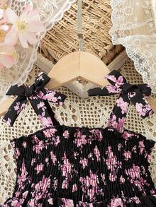 Baby Girl Floral Print Spaghetti Strap Bow Ruffle Hem Fashion Party Dress - Pink - View 5