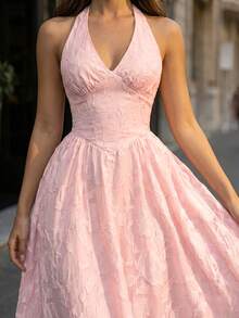 Perirose Vestido de mujer elegante de jacquard rosa con tirantes finos, escote en V profundo, cintura fruncida y largo medio. Vestido sin mangas de moda, atuendo romántico de verano - Rosa - Ver 10