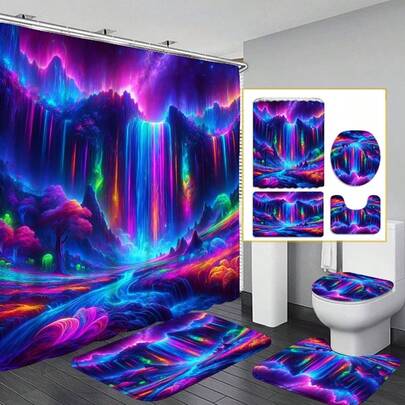 4pcs Bathroom Decor Set, Including Waterproof Polyester Shower Curtain, Absorbent Bath Mat, U-Shaped Non-Slip Toilet Rug, And Toilet Seat Cover, Woven Fabric, Fashionable Pattern, Easy Care - Comes With Hooks, Suitable For All Occasions
