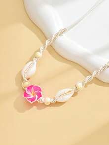 1件波西米亚风亚克力贝壳和聚合物粘土花朵手工制作可调节项链，适合女性日常佩戴、海滩、度假、情人节、生日礼物 - 粉色 - 查看 3