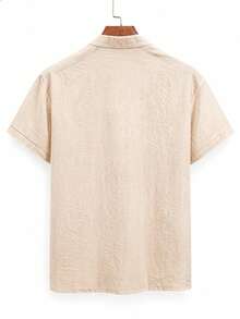 Camisa con cuello alzado con botón para hombres de moda, camisa informal de negocio de unicolor y estilo minimalista, adecuada para el estilo nacional elegante y sencillo, nueva camisa de manga corta para verano - Albaricoque - Ver 4