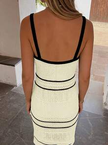 Women's Elegant Soft Minimalist Black & White Striped Sleeveless Fitted Maxi Knit Dress, Casual Beach Hollow Out Bodycon Mid-Length Crochet Swimsuit Cover Up, Spring/Summer/Autumn - Light Yellow - View 6
