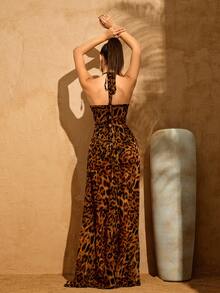 LOVE&LEMONADE 女士性感棕色豹纹镂空露背系带高开衩长款派对连衣裙 - 棕色 - 查看 6