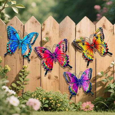 4件套金属彩色蝴蝶墙饰，金属蝴蝶户外墙饰，翅膀可折叠，适用于花园、庭院、客厅、卧室、露台、阳台 - 无需用电，户外围栏艺术装饰，馈赠亲朋好友的理想礼物