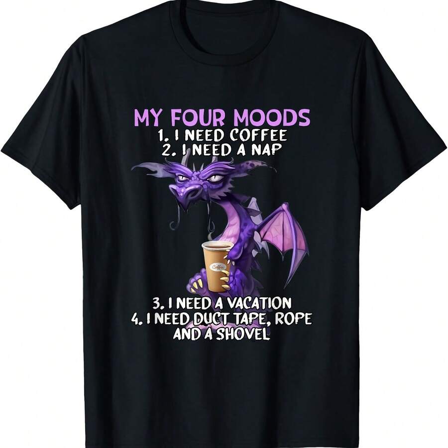 Mis cuatro estados de ánimo Necesito café Necesito una siesta Camiseta del amante del café del dragón - Negro 4 - Ver 1