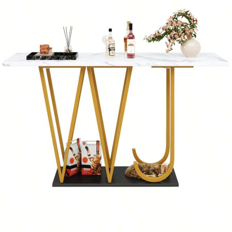 Entryway Table (1 Piece) 120 X 29.5 X 80 Cm. Dining Table, Kitchen Table, Balcony Table, Wooden Dining Table, Marble-Look Top. - White - View 1