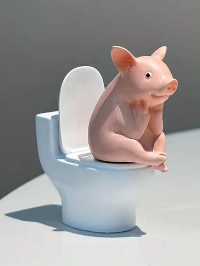 1pc Cute Pig Sitting On Toilet | PVC Bathroom Decor, Desk Or Wall Mounted, Home Office Desk And Living Room Display, Home Decoration, Bathroom Accessories, Figurine Decor