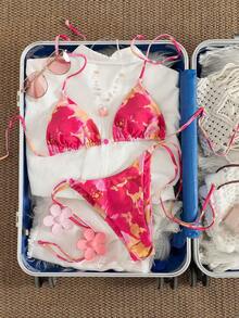 女士性感时尚简约优雅休闲度假海滩旅行派对印花串珠挂脖系带比基尼两件套泳衣，春夏新品 - 紅色 - 查看 5