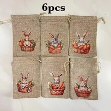 6/12 Peças Sacos de Cordão de Juta da Páscoa, Sacos de Cordão de Juta da Páscoa, Sacos de Presente de Linho com Estampa de Coelho, Cordão de Juta de Camada Dupla, Sacos da Páscoa, Sacos de Coelho de Juta da Páscoa (Estilo Fofo) - Multicolorido - Visão 8