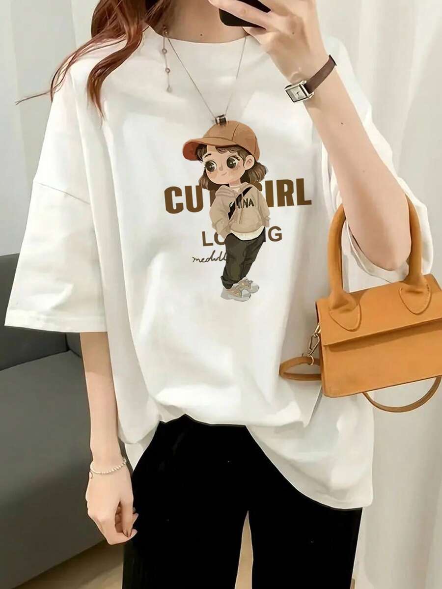 女士圆领宽松休闲英文文字图案T恤，适合春夏穿着 - 白色 - 查看 1