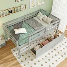 Twin Size Heavy Duty Low Loft Bed Frame W/ Ladder & Full-Length Guardrails - Xám - Xem 7