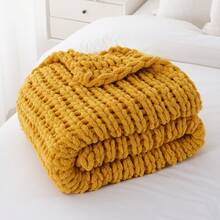 Mustard Yellow Chunky Knit Throw Blanket, Soft Thick Chenille Blanket,Handmade Cable Knit Crochet Blanket For Living Room Decor,50"X60" - 芥末 - 查看 7