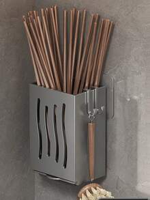 1pc Multi-Function Kitchen Chopstick Holder Organizer, Wall-Mounted Chopstick Drainer Rack, Household Kitchen Utensil Storage Rack, Home Organization Supplies, Kitchen Accessories - Grey - View 13