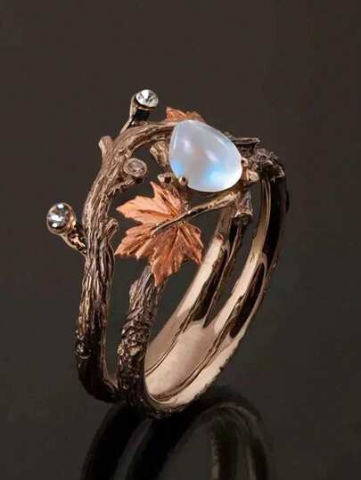 1枚复古树叶造型女士戒指，合金材质，多种颜色可选，适合派对和日常佩戴，是送给朋友的完美节日礼物。