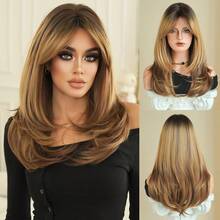 7JHH WIGS 女士齐肩渐变金色假发，20英寸优雅直发层次感假发，带刘海，采用优质耐热合成纤维制成，适合日常佩戴、节日庆典、家庭聚会、母亲节礼物和毕业礼物——新手无需胶水即可佩戴假发 - 漸變黑金 - 查看 13