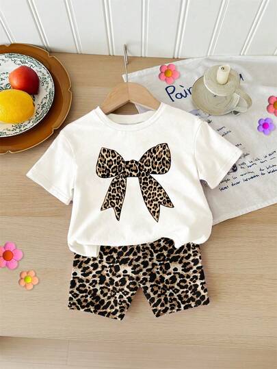 Baby Girls' Bow Print Short Sleeve Top And Leopard Print Shorts
