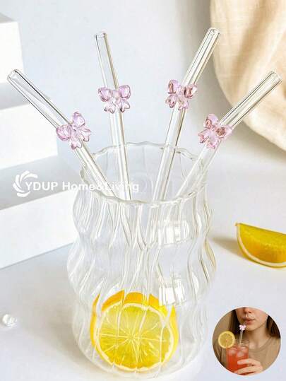 1/2/4/5/6/8Pcs Cute Cartoon Glass Straws With Pink Bow/Butterfly/Heart/Large Bowknot Charms For Water Cup,Shatter Resistant And Reusable Clear Glass Drinking Straws Cutlery Set,For Kitchen Accessaries,Straw Topper,Cold Drinks, Milk Tea, Coffee, Juice, Smoothies, Home, Restaurants, Cocktail Parties, Back-To-School,Funny Gift For Girlfriends/Boyfriends, Parents, Friends, Holiday Supplies,Valentine's Day.