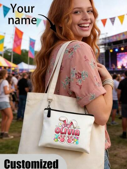 Customized Minimalist Square Easter Bunny Makeup Bag, Skincare Bag, Toiletry Bag