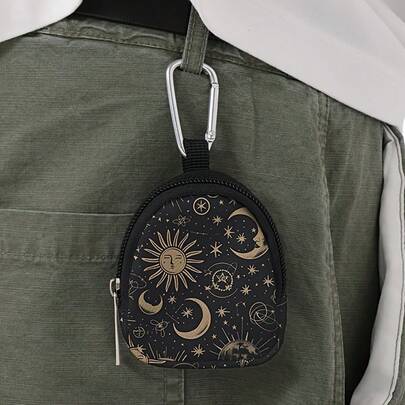 时尚日月图案印花迷你钱包，轻便拉链零钱包，迷你耳机包口红收纳袋，带挂钩和耳机/钥匙扣，男女通用。适合作为节日、斋月、情人节礼物。