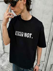 男士时尚休闲街头摇滚说唱风宽松短袖T恤 | 何乐而不为？英文印花 | 精致设计 | 春夏必备 | 百搭易穿，展现您的个人风格 - 黑色 - 查看 2