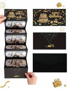 Elegant Black & Gold Design Cash Envelope Gift Box, Suitable For Birthday Celebration, Cartoon Fantasy Themed Souvenir, Exquisite Memento, Birthday Surprise Gift - Multicolor - View 1