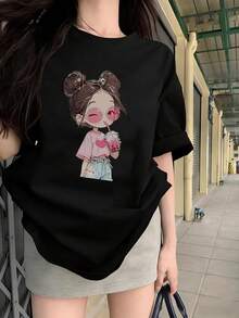 日系女式宽松圆领休闲百搭印花短袖T恤，春夏款 - 高級黑 - 查看 3