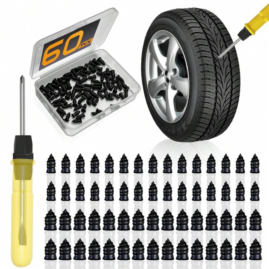 60/120pcs Tire Plugs Kit, Tire Repair Rubber Nails, Self-Service Vacuum Tyre Screws (30S+30L) Fast Repair Quick Puncture Tools With A Box, Double-Ended Screwdriver, For Car Motorcycle Truck Tractor ATV - 60件 - 查看 1