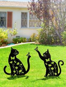 1pc New Iron Hollow Animal Yard Stake - Cat, Dog, Rabbit Lawn Marker, Suitable For Easter And Baby Shower Garden Decor - Black - View 2