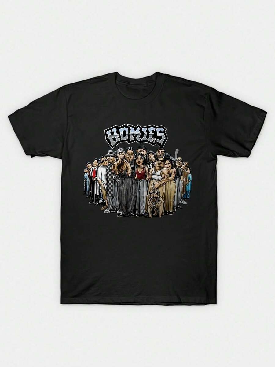 Homies Gangster Cartoon Characters Print Same Style For Men And Women 2025 Summer Short-Sleeved Printed T-Shirt Pure Cotton 180G Fashionable And Minimalist,  And Cool, Millennium Themed, 100% Pure Cotton T-Shirt - màu đen - Xem 1