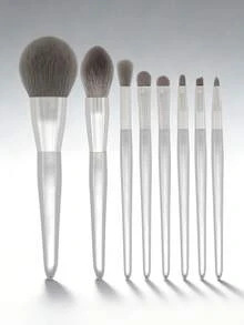 8pcs Silver Makeup Brush Set, Large Powder Brush Super Soft, Blush Brush, Eye Shadow Brush, Concealer Brush, Lip Brush, Concealer Brush, Premium Quality Handles, Professional Makeup Tools - Silver - View 8