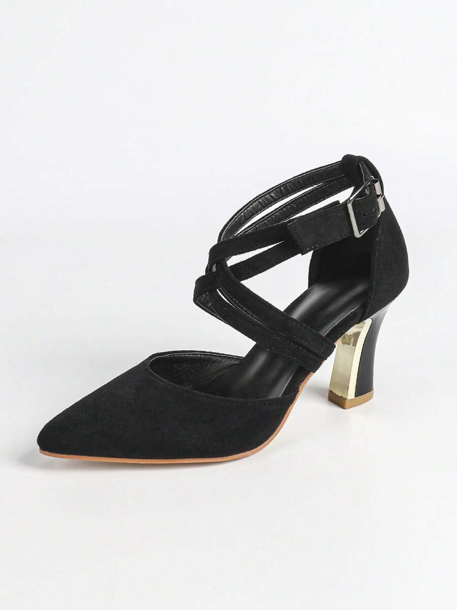 Sandalias de baile de tango para mujer con punta afilada y diseño calado, elegantes y sexys, versátiles para la noche, la boda y la fiesta - Negro - Ver 1