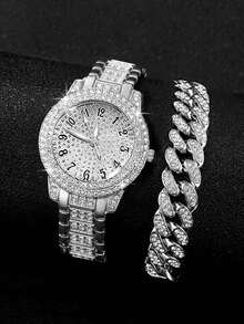 2pcs Set: Fashionable Gold-Plated Alloy Quartz Watch & Cuban Link Bracelet, Party/Birthday Gift Watch Set, Silver Party Watch - Silver - View 1