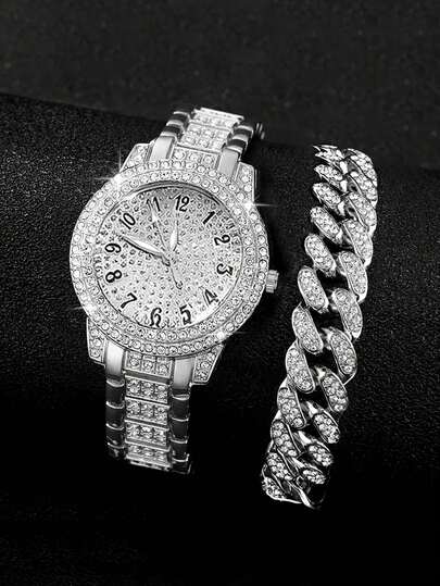 2pcs Set: Fashionable Gold-Plated Alloy Quartz Watch & Cuban Link Bracelet, Party/Birthday Gift Watch Set, Silver Party Watch