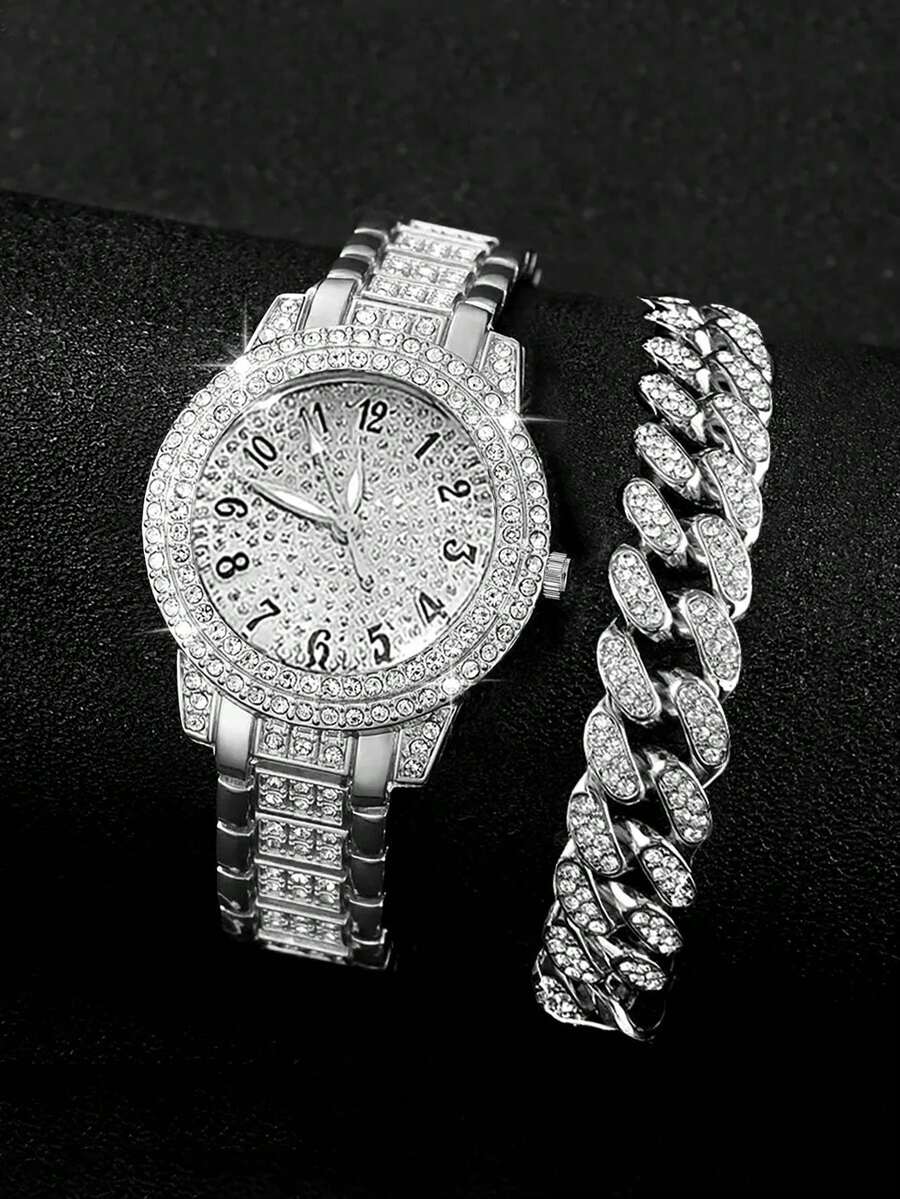 2pcs Set: Fashionable Gold-Plated Alloy Quartz Watch & Cuban Link Bracelet, Party/Birthday Gift Watch Set, Silver Party Watch - Silver - View 1