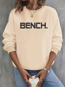 Women's Y2K Style Burgundy Sweater With Bold White 'Bench' Letter Print - Long Sleeve Crew Neck Pullover Sweater With White Cuffs And Hem, Suitable For All Seasons Casual And Semi-Formal Wear, Layerable (Machine Washable) - Minimalist Aesthetic, Y2K Fashion Letter Print Sweater, Fashionable And Comfortable, Suitable For Layering Or Wearing Alone, Elegant Modern Design With 'Bench' Letter, High-Quality Women's Winter Sweater, Oversized Sweater, Women's Winter Sweatshirt, American Women's Sweater, Embroidered Sweatshirt 2025 - 杏色 - 查看 17