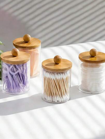 Bộ 4 hộp đựng tăm bông có nắp tre, làm bằng acrylic trong suốt, thích hợp làm hộp đựng thuốc, phụ kiện sắp xếp đồ dùng phòng tắm, đồ trang điểm, đồ dùng trên bàn trang điểm, phù hợp để đựng bông gòn, tăm bông, chỉ nha khoa.