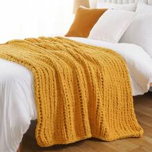 Mustard Yellow Chunky Knit Throw Blanket, Soft Thick Chenille Blanket,Handmade Cable Knit Crochet Blanket For Living Room Decor,50"X60" - 芥末 - 查看 6