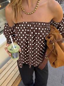 Women's Summer Casual Retro High-End Loose Off-Shoulder Round Dot Contrast Color Blouse, Suitable For Home And Daily Wear Vacation - Coffee Brown - View 1