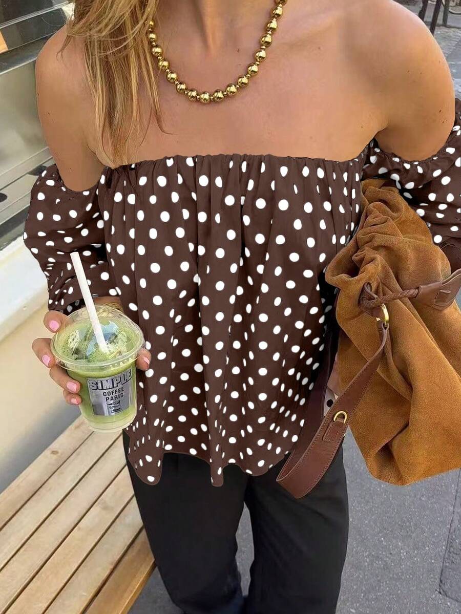Women's Summer Casual Retro High-End Loose Off-Shoulder Round Dot Contrast Color Blouse, Suitable For Home And Daily Wear Vacation - Coffee Brown - View 1