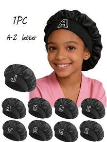 1pc Children's A-Z Letter Pink Satin Elastic Wide-Brim Sleep Cap - Snug Sleeping Hat, Hair Protection, Super Soft Breathable Design With Anti-Slip Lining - Black - View 1