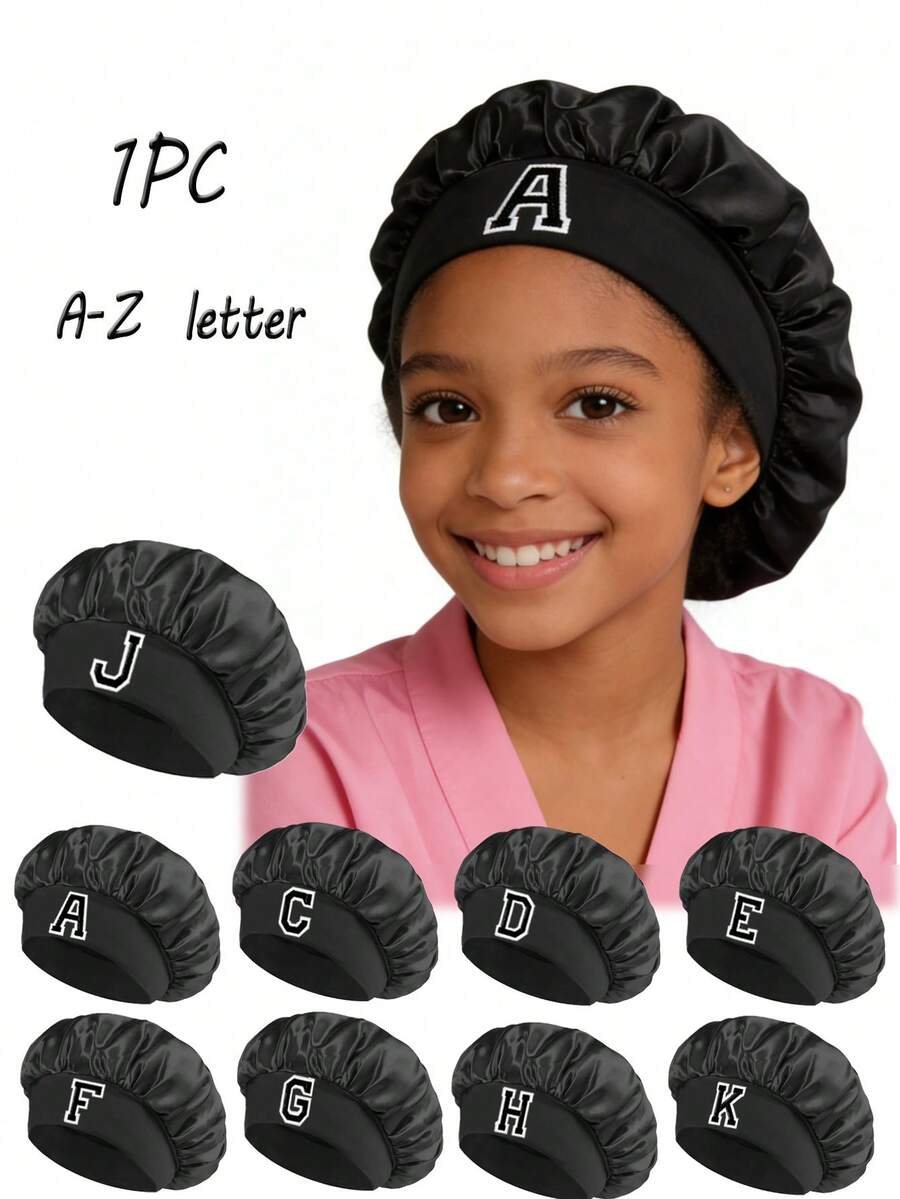 1pc Children's A-Z Letter Pink Satin Elastic Wide-Brim Sleep Cap - Snug Sleeping Hat, Hair Protection, Super Soft Breathable Design With Anti-Slip Lining - Black - View 1