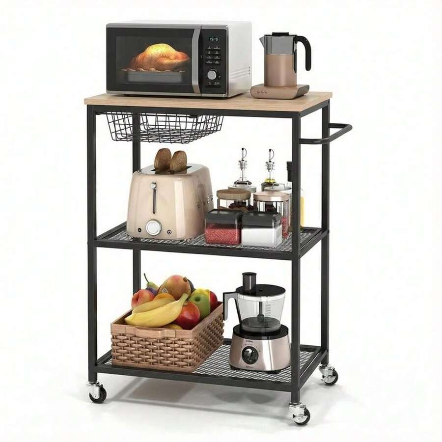 Rolling Kitchen Carts On Wheels, 3 Tier Mobile Utility Cart With Wood Tabletop Storage Cart, Metal Serving Carts With Handle And Shelf Liner For Island Restaurant Coffee Bar Living Room Office - Black - View 1